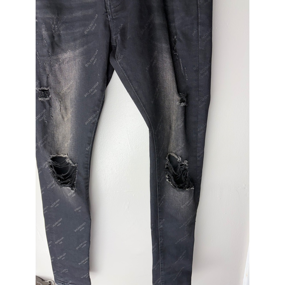 Balenciaga Paris All Over Logo Distressed Jeans Faded Black Button Fly Mens